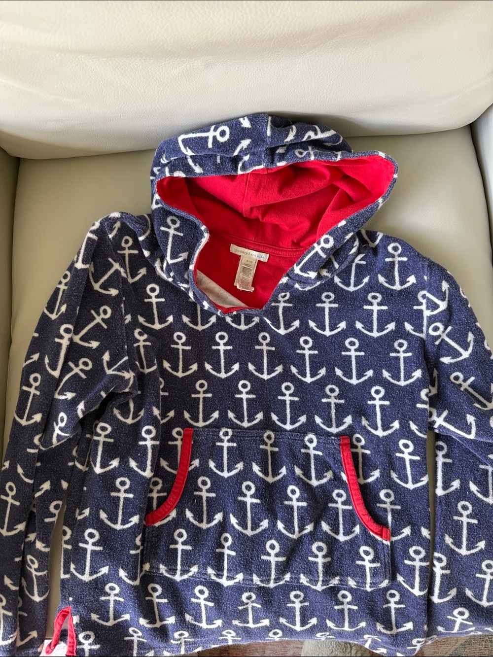 Pottery Barn Kids Terrycloth Navy Anchor Hooded Pullover/Coverup with Red Lining